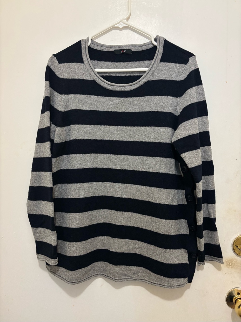Yest Gray & Black Striped Button Detail Knit Sweater | Long Sleeve Casual Top
